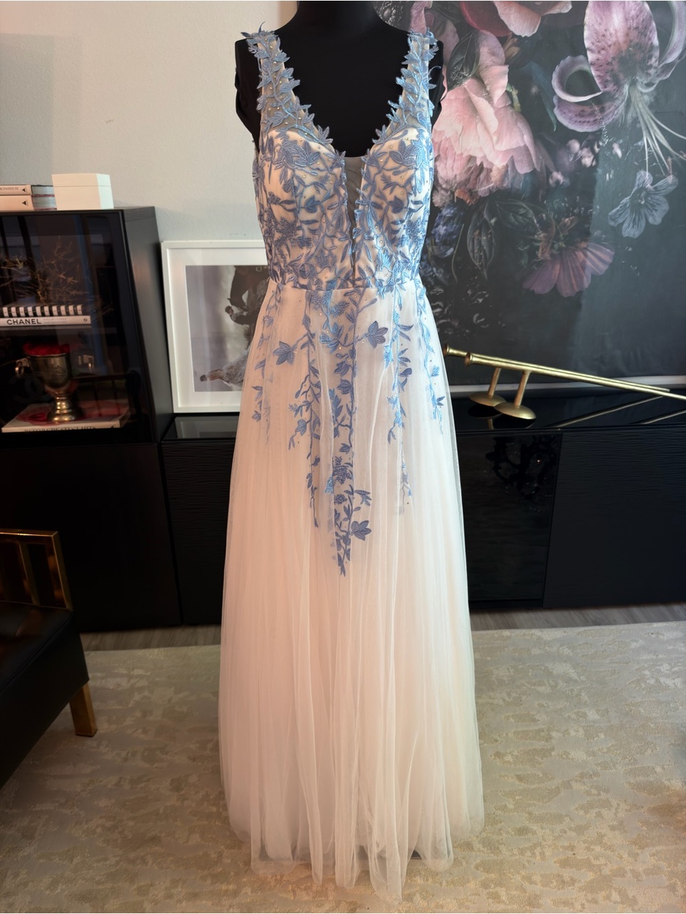 Ivory Tulle Maxi Dress with Blue Floral Embroidery